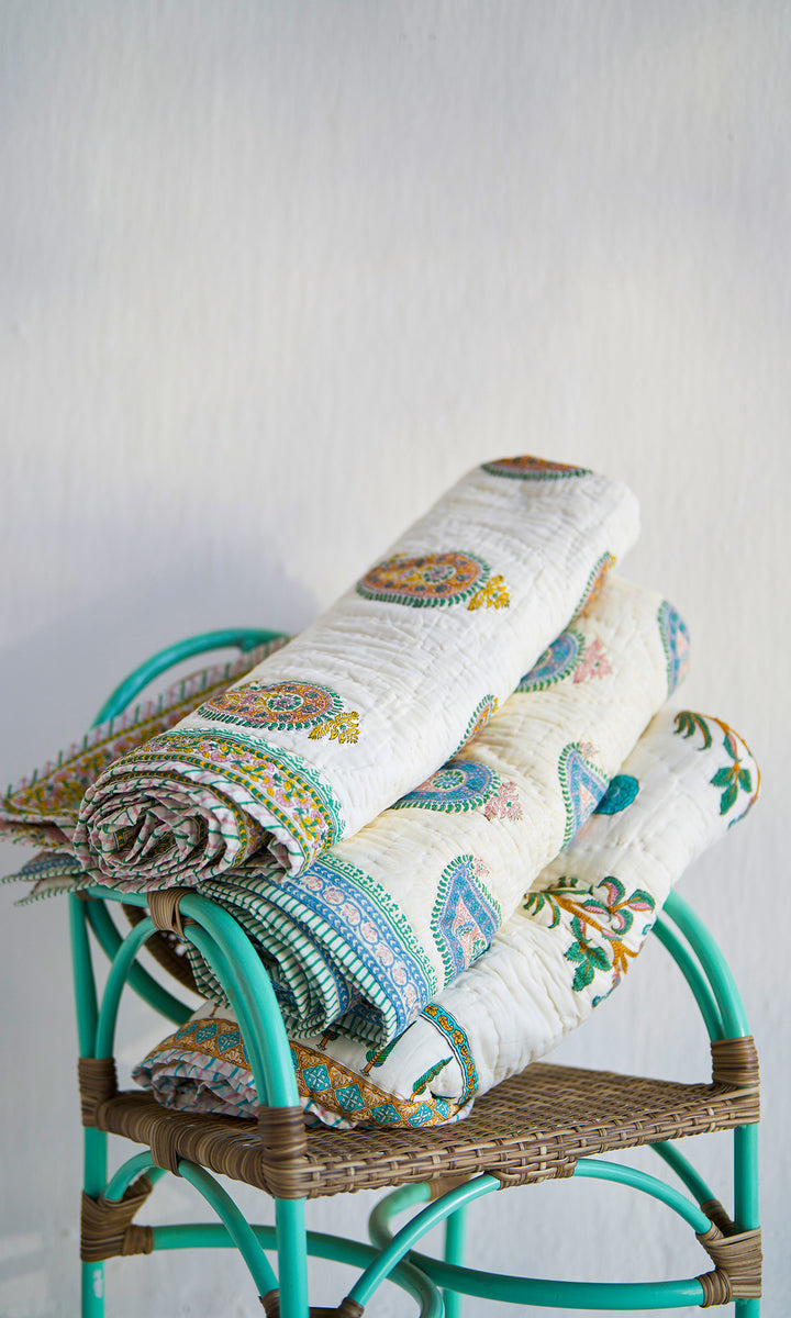 Hand Off White Blue Pink Block Print Paiseley Quilt