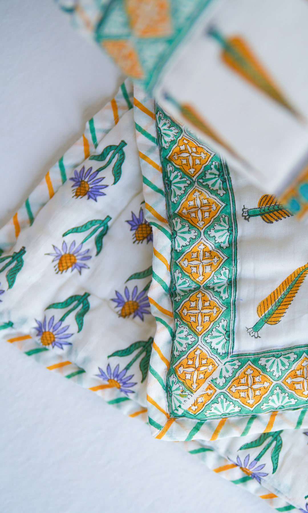 Hand Off White Yellow Pink Block Print Mughal  Quilt