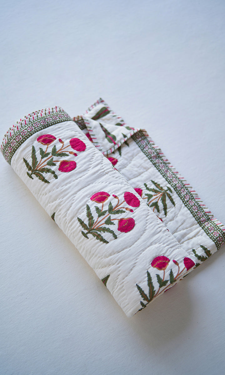 Poppy Off White  Red Green Hand Block Print Quilt