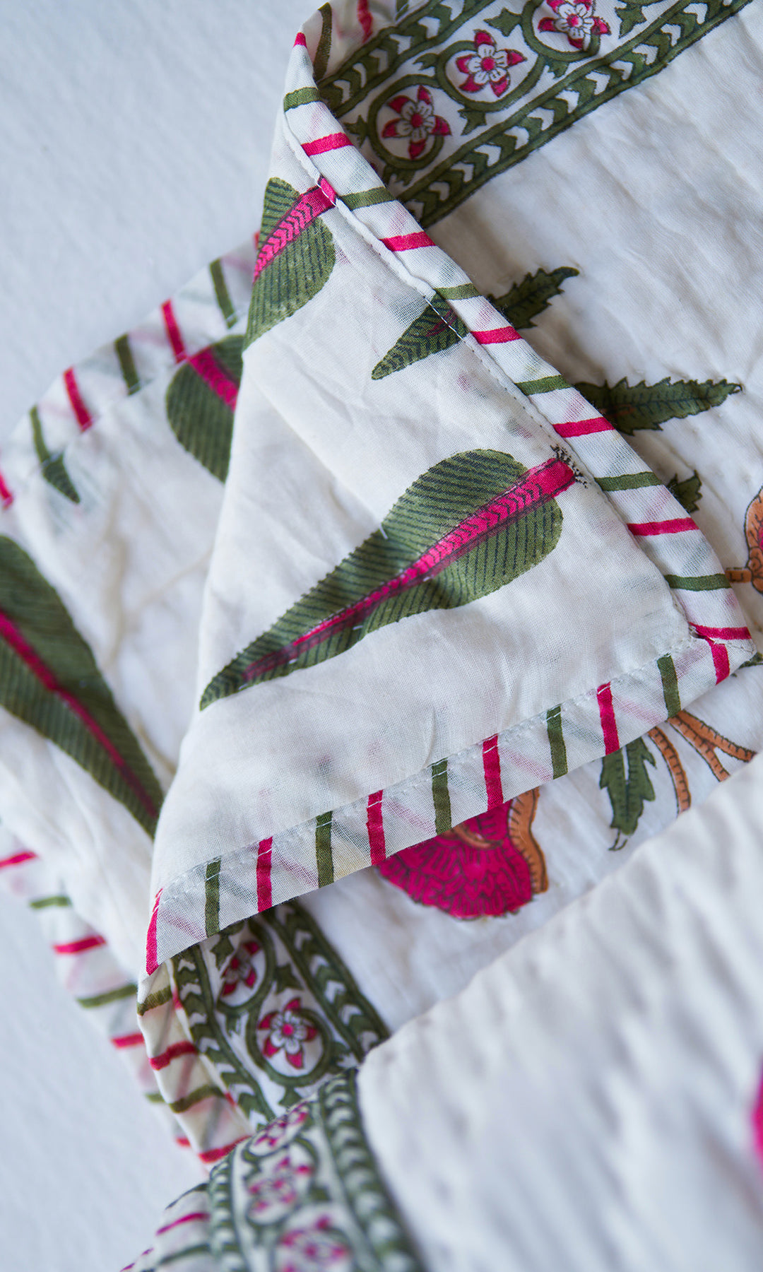 Poppy Off White  Red Green Hand Block Print Quilt