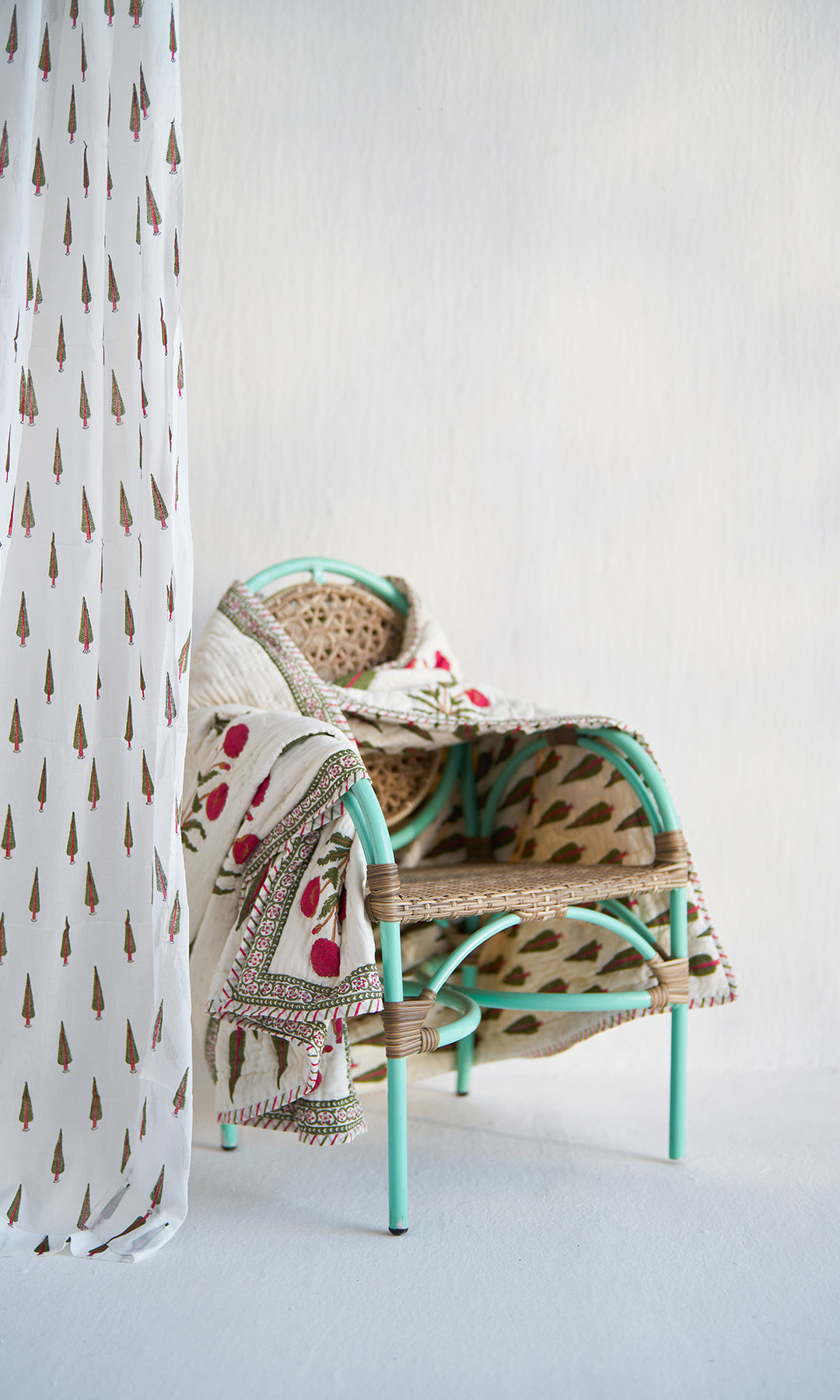 Poppy Off White  Red Green Hand Block Print Quilt