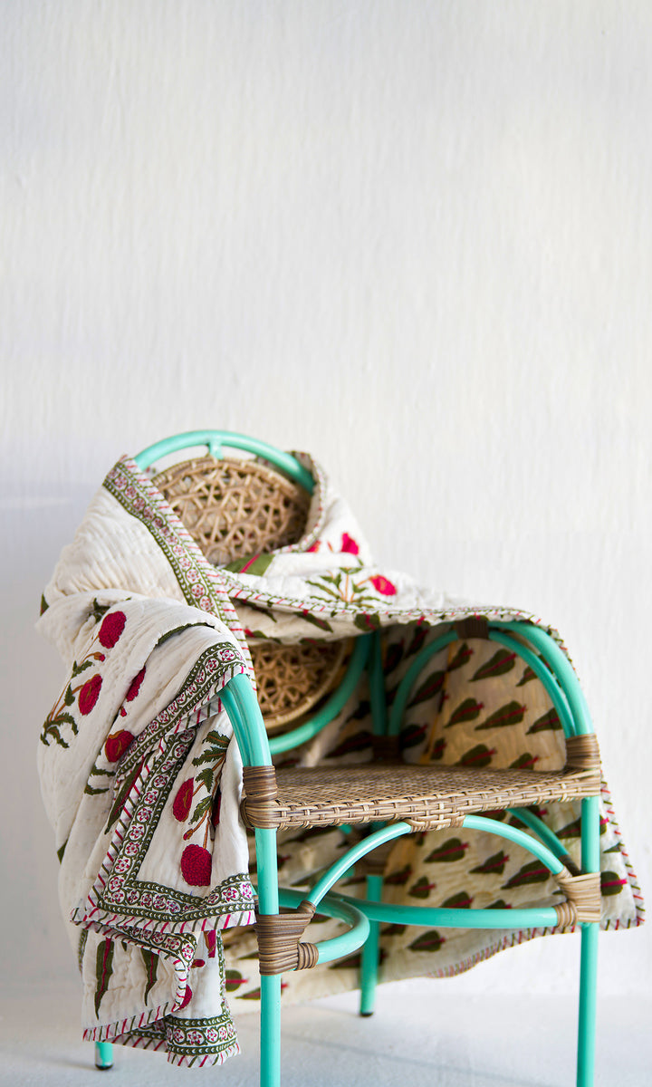 Poppy Off White  Red Green Hand Block Print Quilt