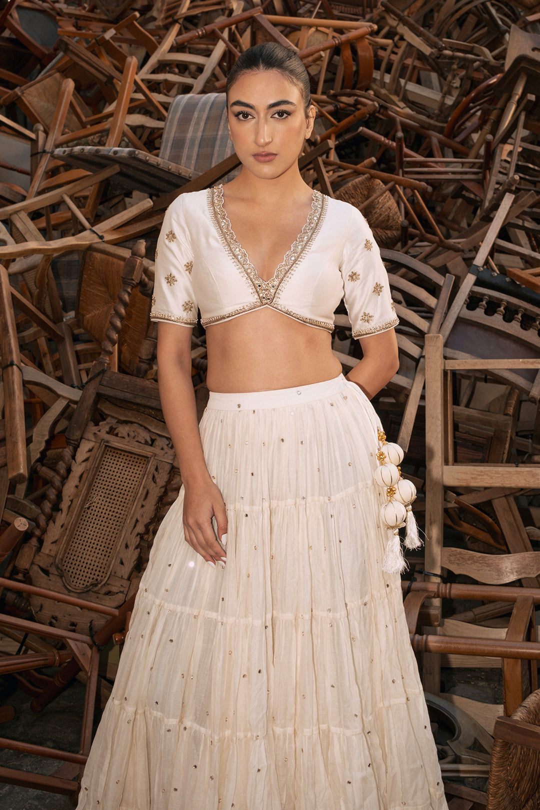 Pakeezah ivory Tiered  lehenga with  embroidered blouse  and ivory  dupatta (set of 3)