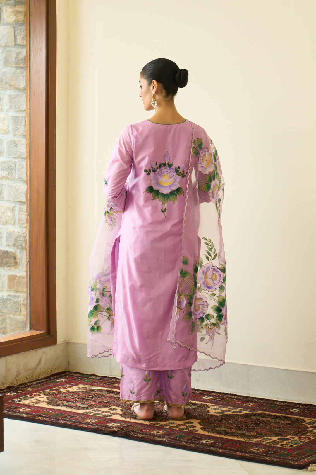 Saanjh Lilac Silk Handpainted Straight Kurta With Palazzo And Dupatta ( Set Of 3)