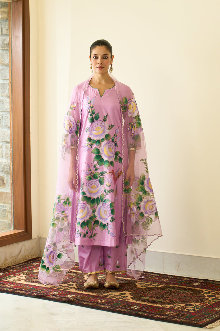 Saanjh Lilac Silk Handpainted Straight Kurta With Palazzo And Dupatta ( Set Of 3)