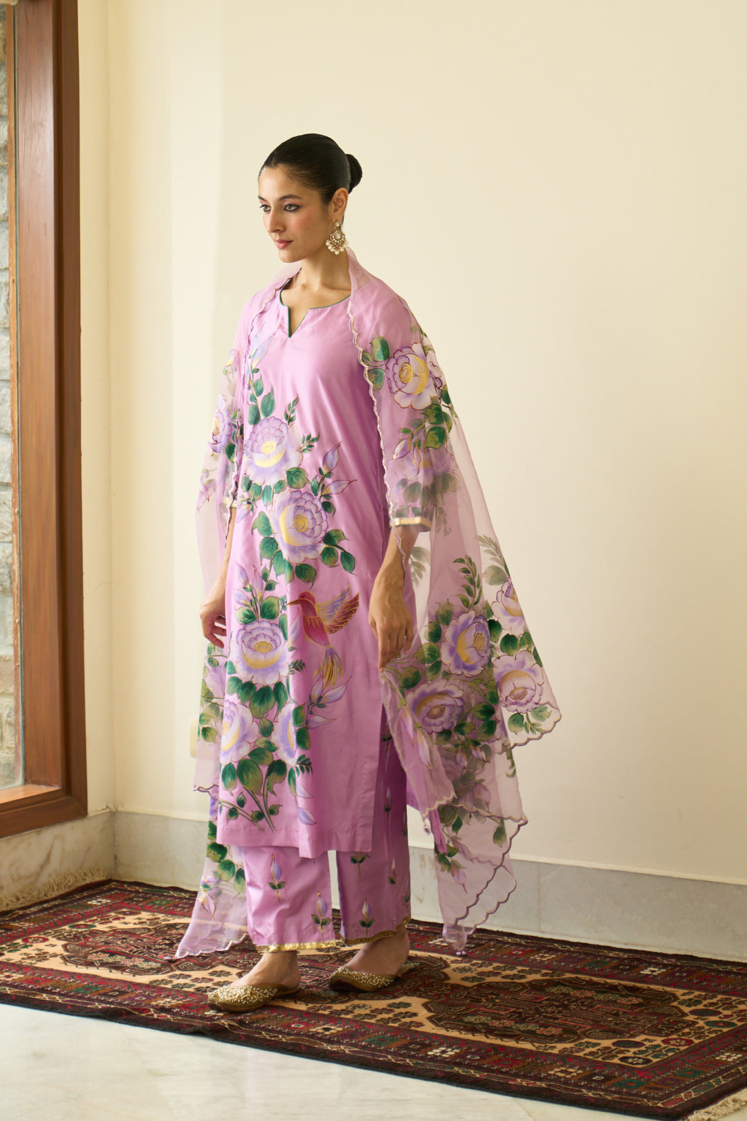 Saanjh Lilac Silk Handpainted Straight Kurta With Palazzo And Dupatta ( Set Of 3)