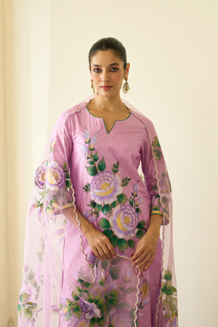 Saanjh Lilac Silk Handpainted Straight Kurta With Palazzo And Dupatta ( Set Of 3)