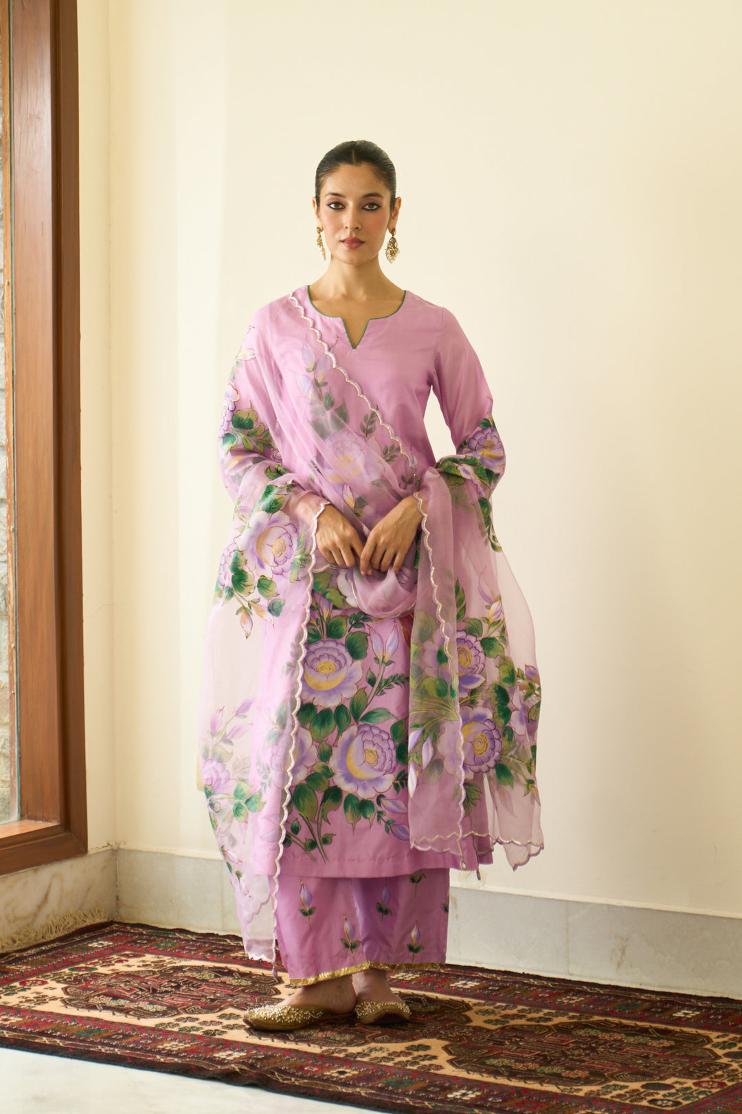 Saanjh Lilac Silk Handpainted Straight Kurta With Palazzo And Dupatta ( Set Of 3)