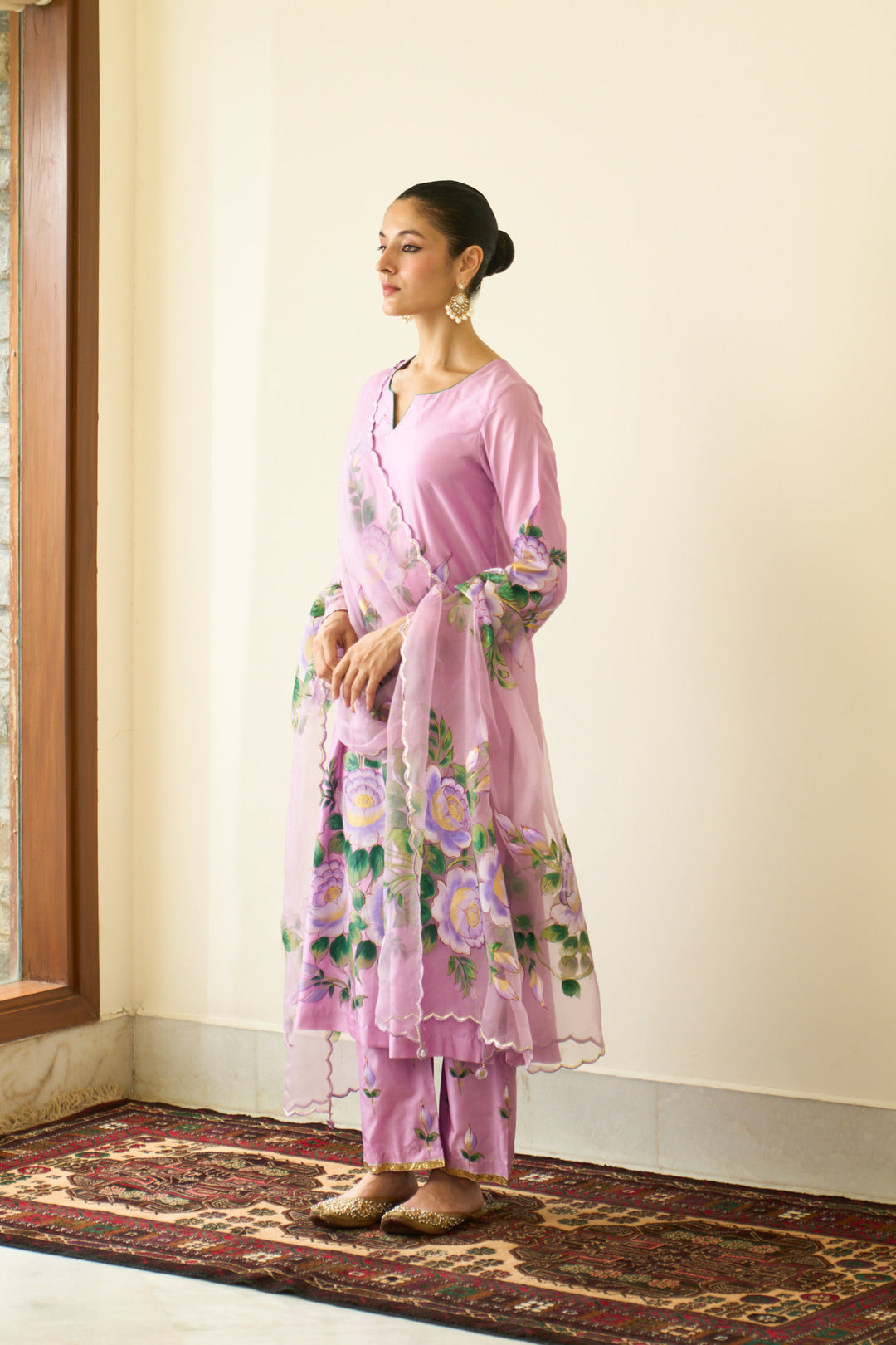Saanjh Lilac Silk Handpainted Straight Kurta With Palazzo And Dupatta ( Set Of 3)