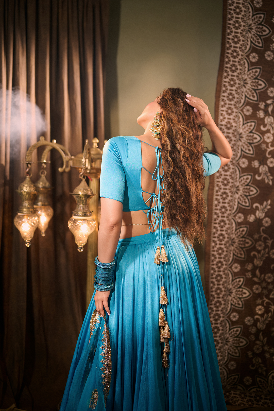 Amna Sharif in Solid Turquoise Lehenga with Blouse and Embroidered Dupatta (set of 3)