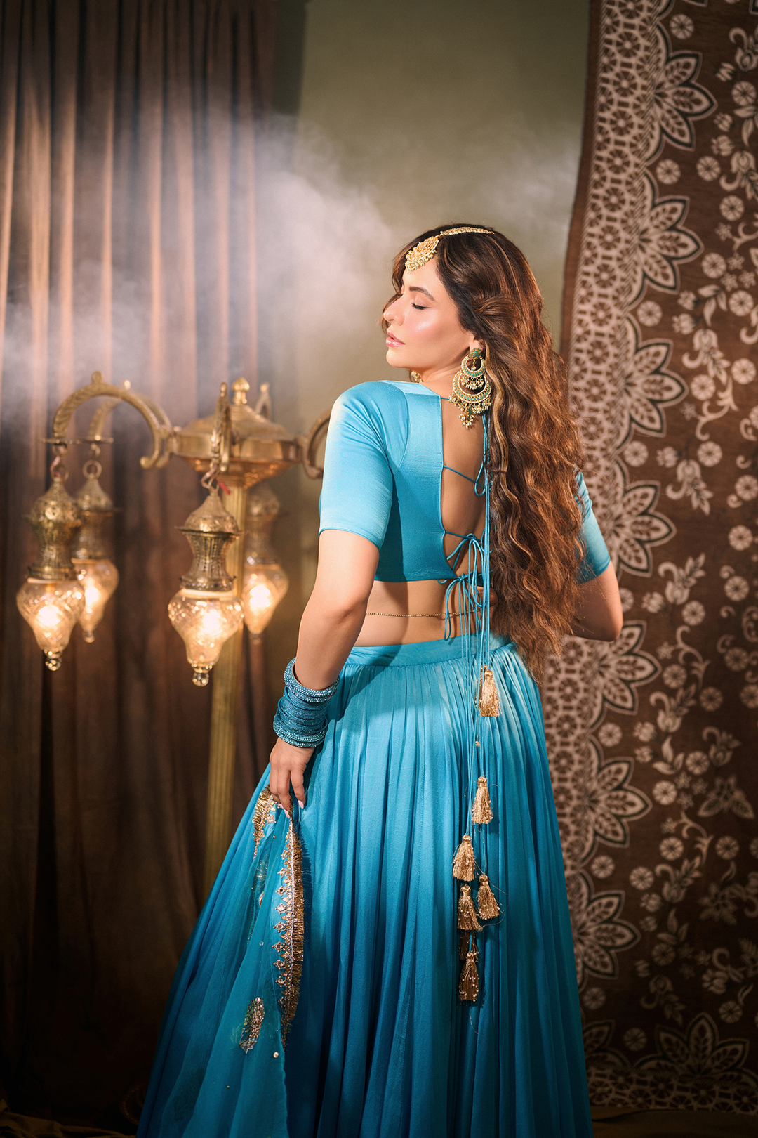 Amna Sharif in Solid Turquoise Lehenga with Blouse and Embroidered Dupatta (set of 3)