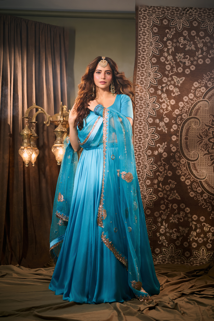 Amna Sharif in Solid Turquoise Lehenga with Blouse and Embroidered Dupatta (set of 3)