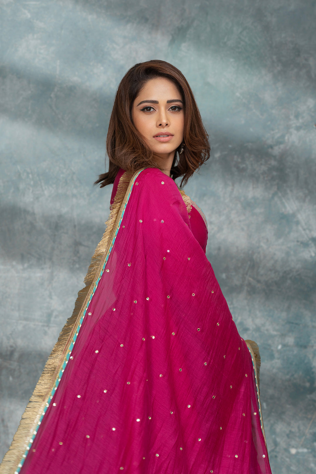 Nushrat Barucha in Rabab Rani gathered Anarkali with flared palazzo and dupatta- set of 3