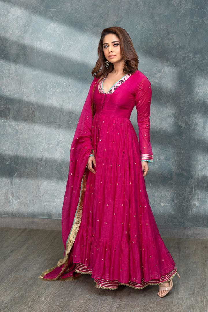 Nushrat Barucha in Rabab Rani gathered Anarkali with flared palazzo and dupatta- set of 3