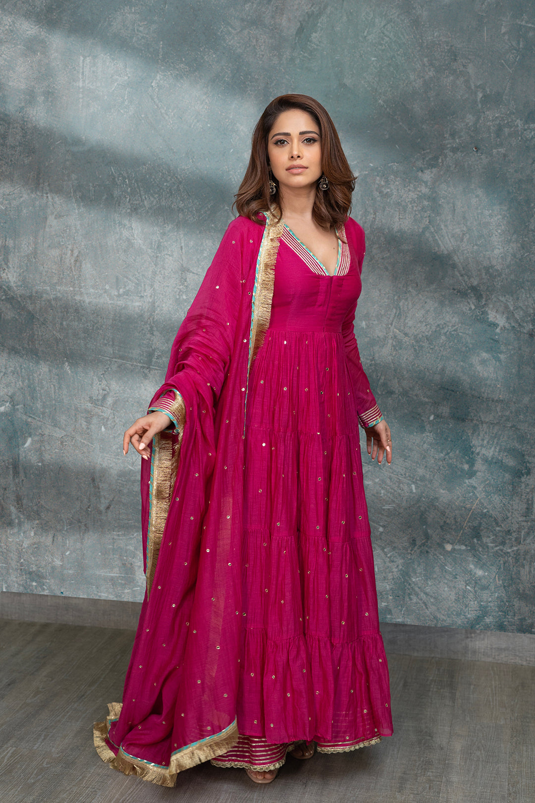 Nushrat Barucha in Rabab Rani gathered Anarkali with flared palazzo and dupatta- set of 3