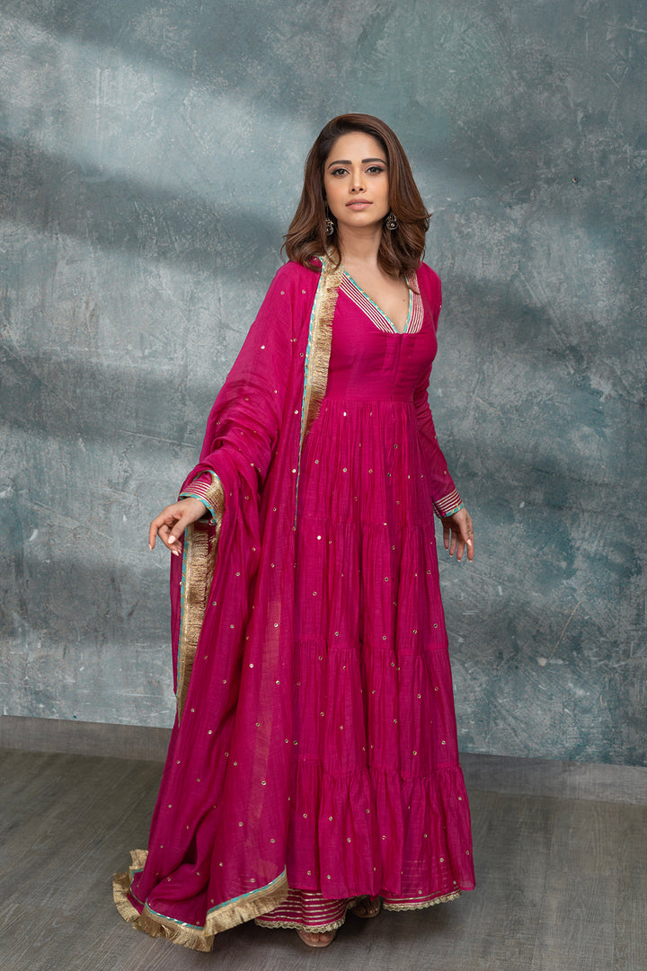 Nushrat Barucha in Rabab Rani gathered Anarkali with flared palazzo and dupatta- set of 3