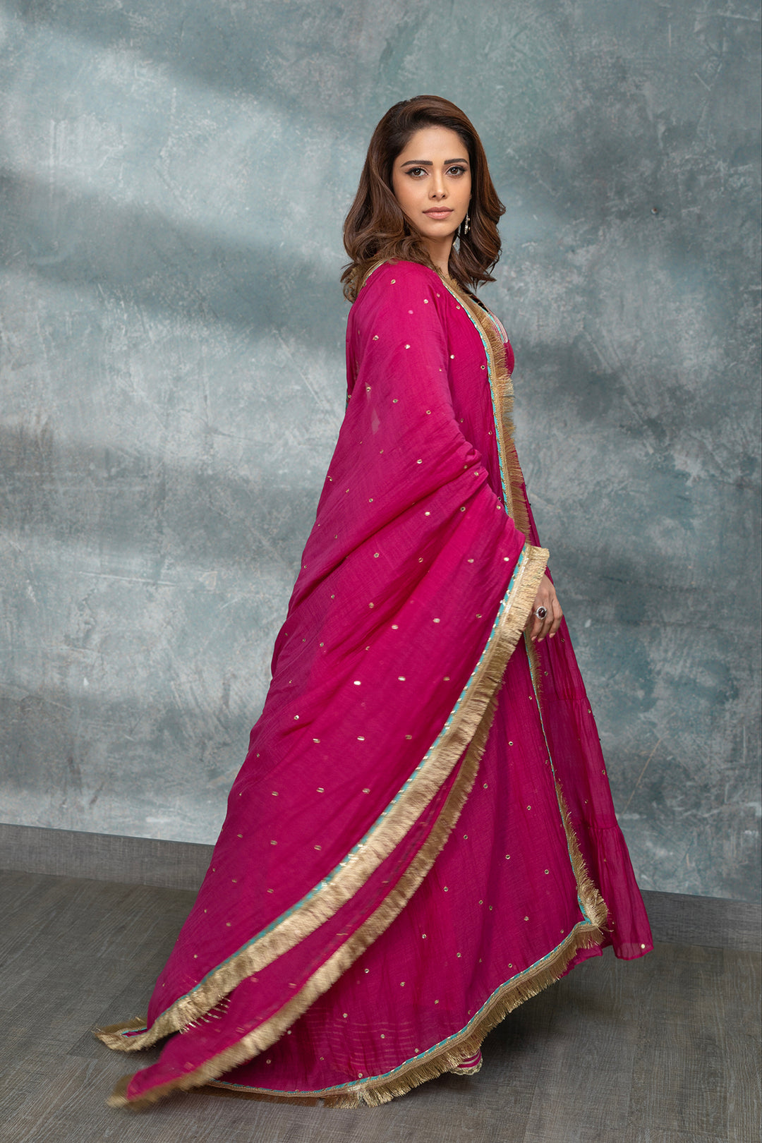 Nushrat Barucha in Rabab Rani gathered Anarkali with flared palazzo and dupatta- set of 3