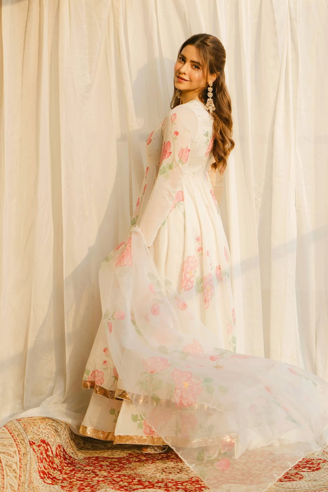 Aamna sharif in Sirat pink Hand painted anarkali with sharara and dupatta ( set of 3 )