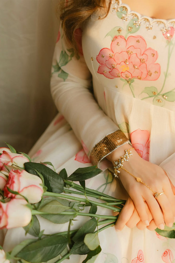 Aamna sharif in Sirat pink Hand painted anarkali with sharara and dupatta ( set of 3 )