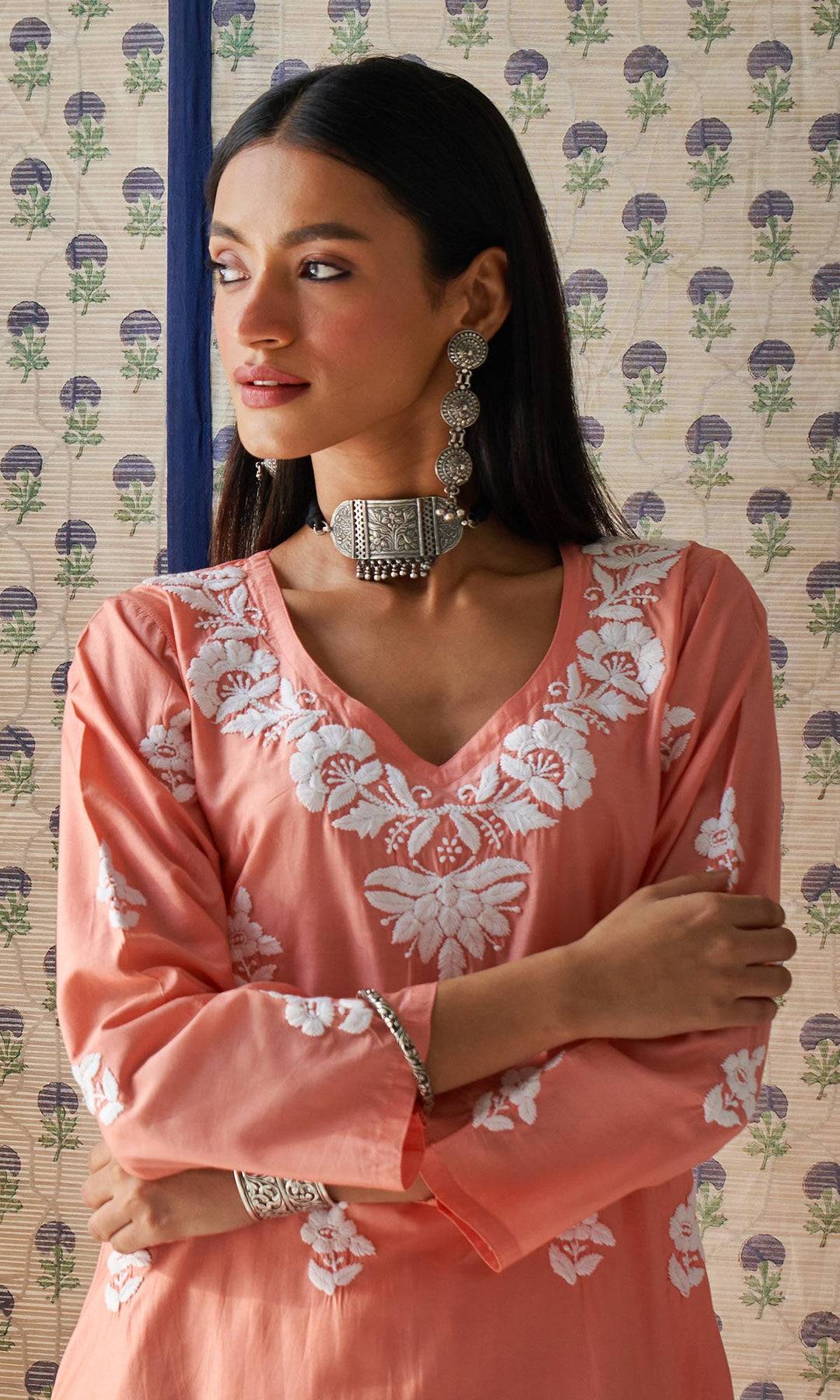 Handcrafted Chikankari Dark Peach Straight Kurta