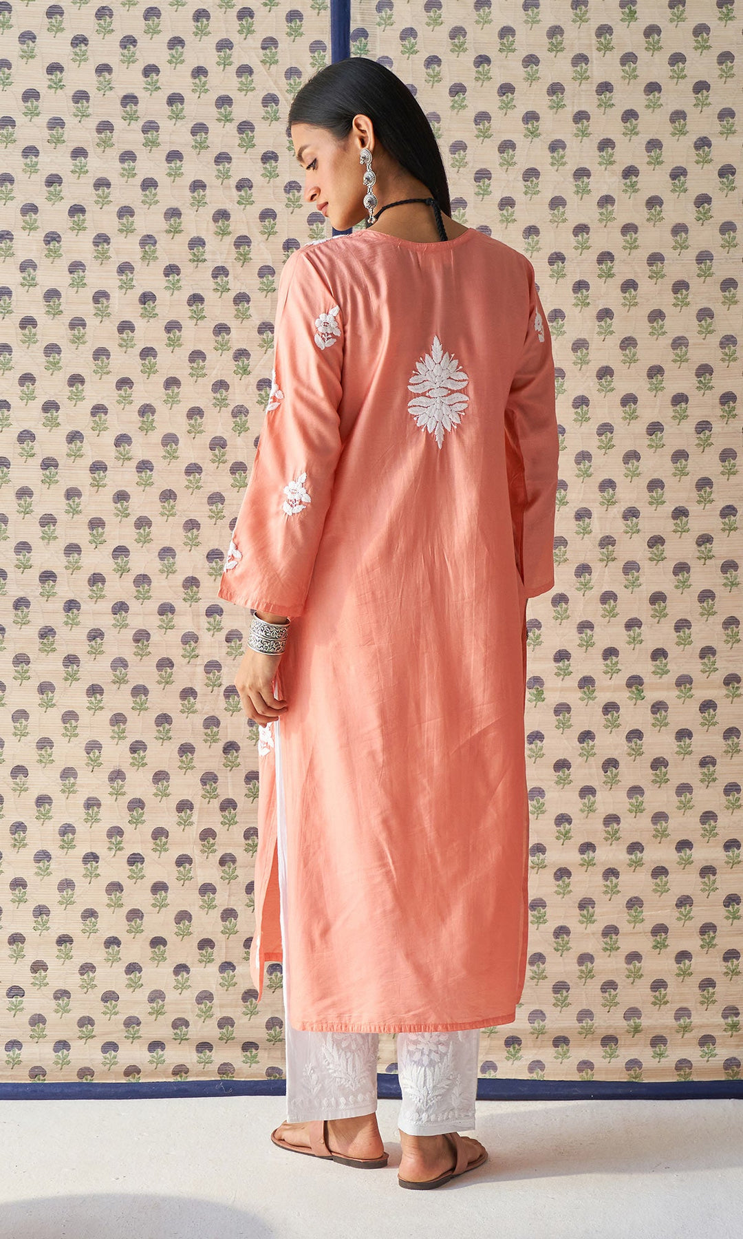 Handcrafted Chikankari Dark Peach Straight Kurta