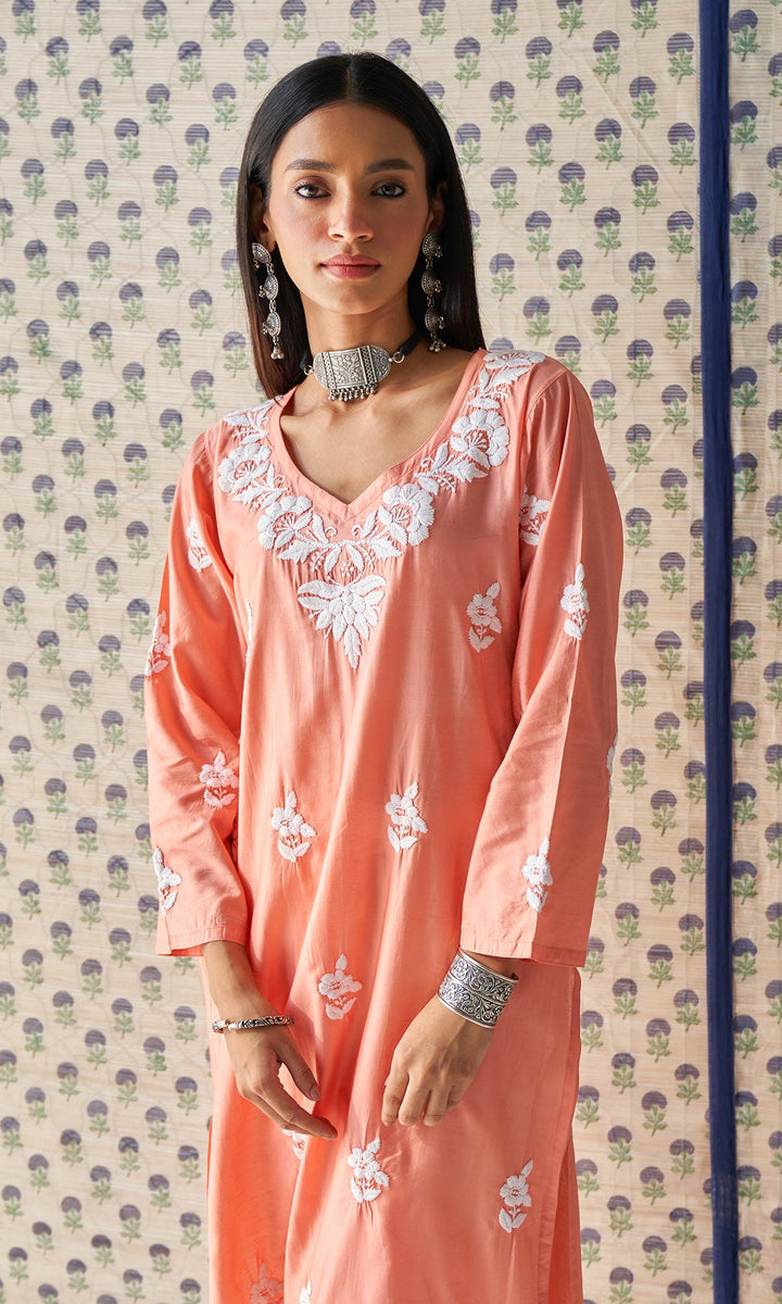Handcrafted Chikankari Dark Peach Straight Kurta