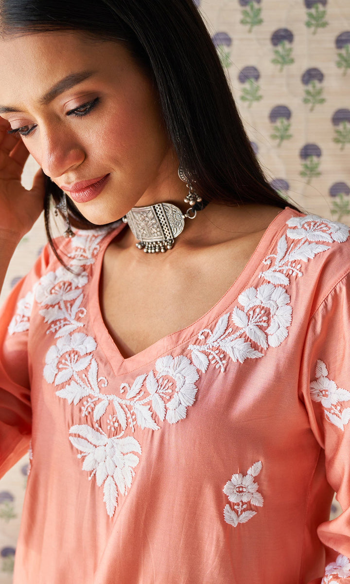 Handcrafted Chikankari Dark Peach Straight Kurta