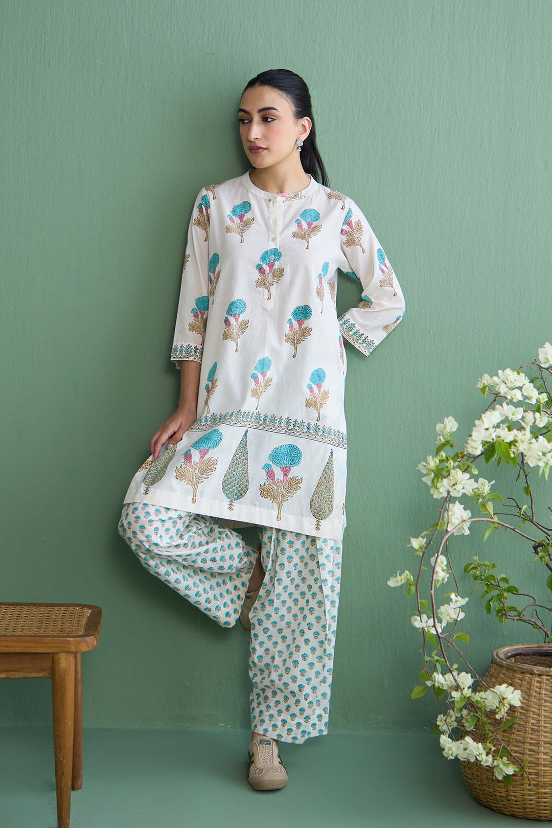 Mughal Summer Turqoise Kurta With Farshi Salwar Set Of 2