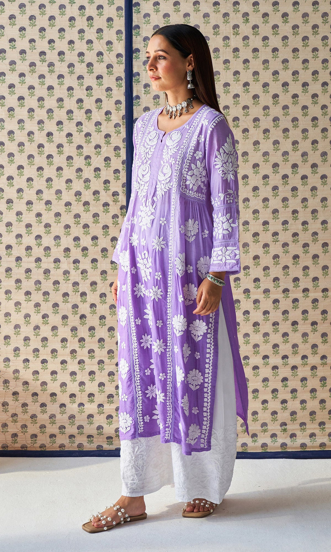 Handcrafted Chikankari Purple Ombre Straight Kurta