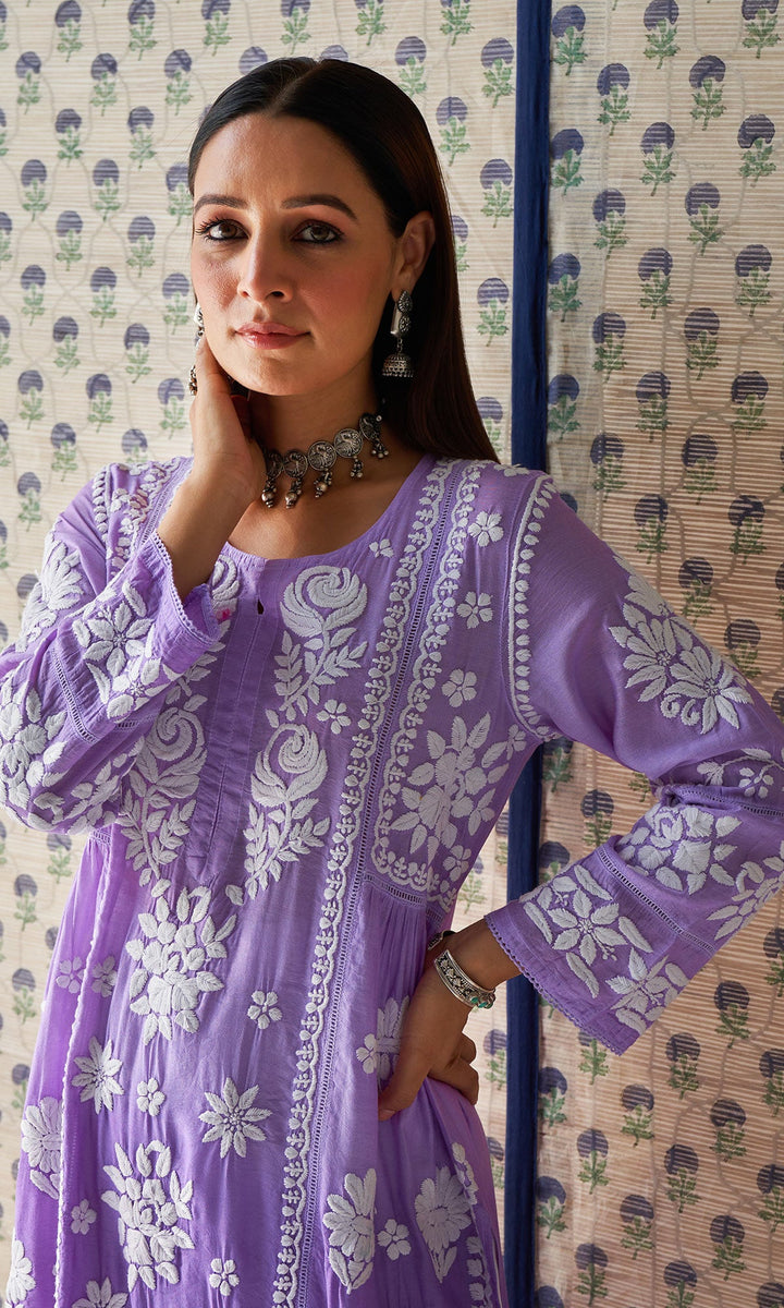 Handcrafted Chikankari Purple Ombre Straight Kurta