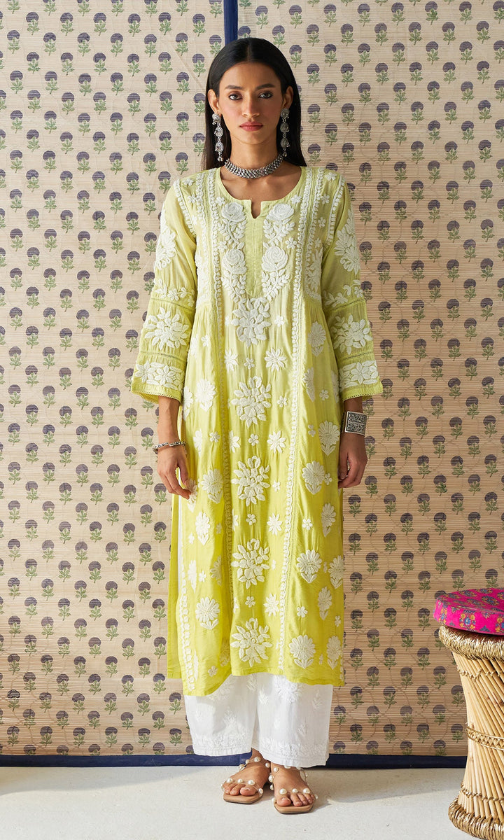 Handcrafted Chikankari Neon Green Ombre Straight Kurta