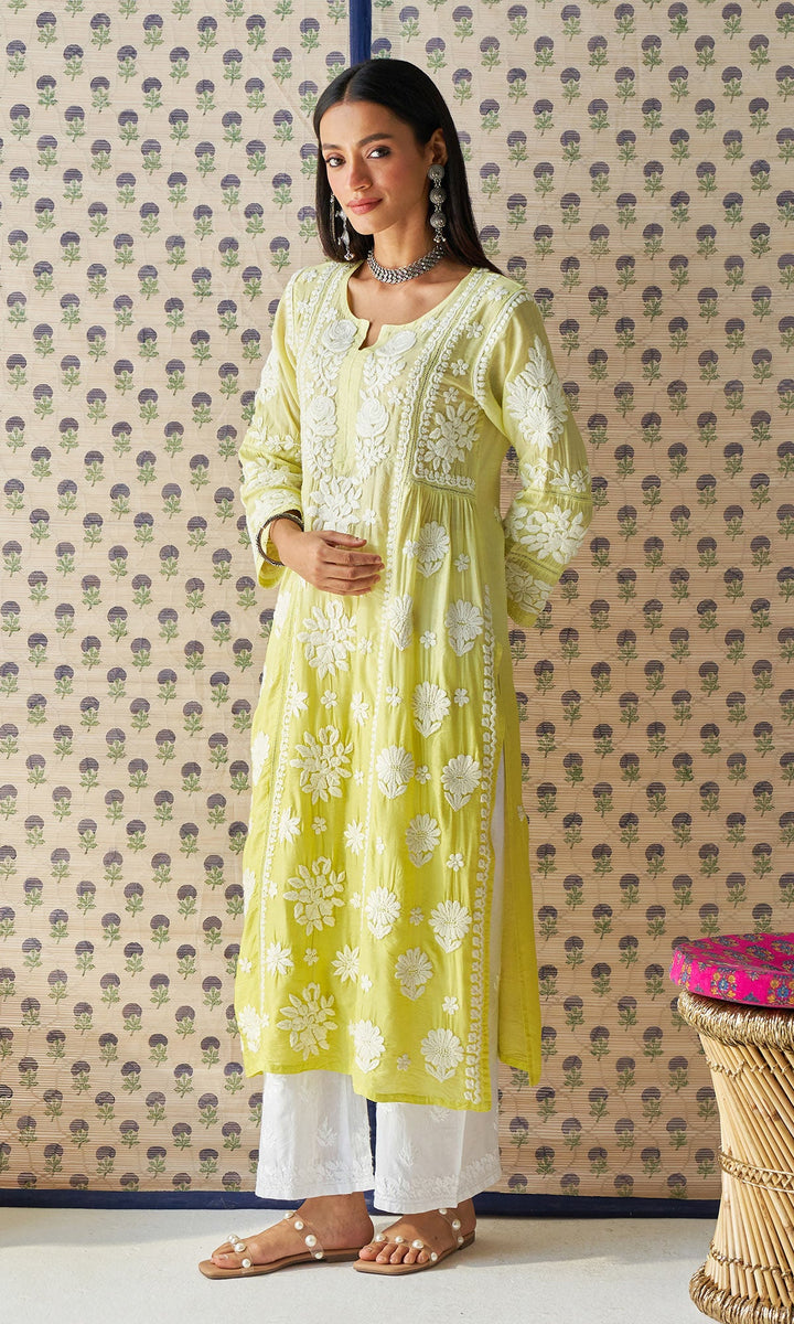Handcrafted Chikankari Neon Green Ombre Straight Kurta