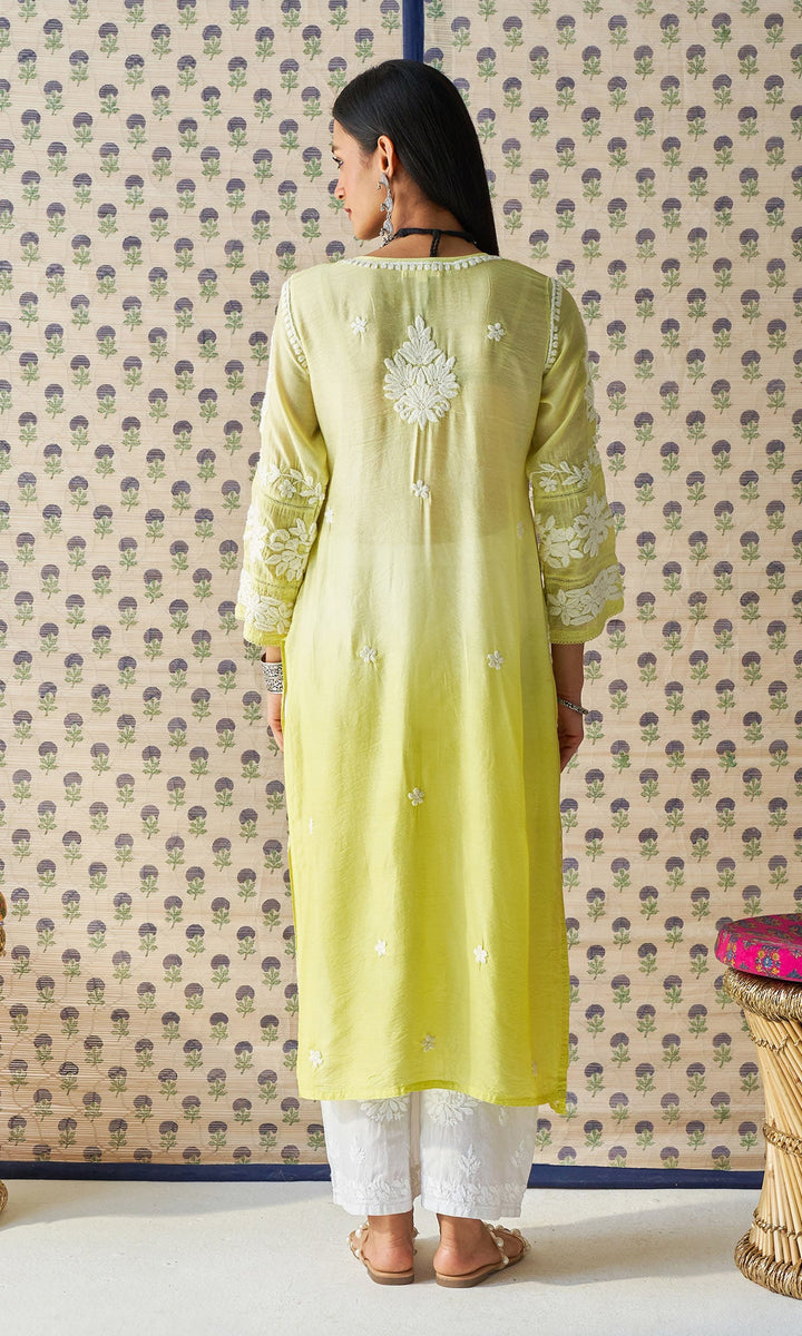 Handcrafted Chikankari Neon Green Ombre Straight Kurta