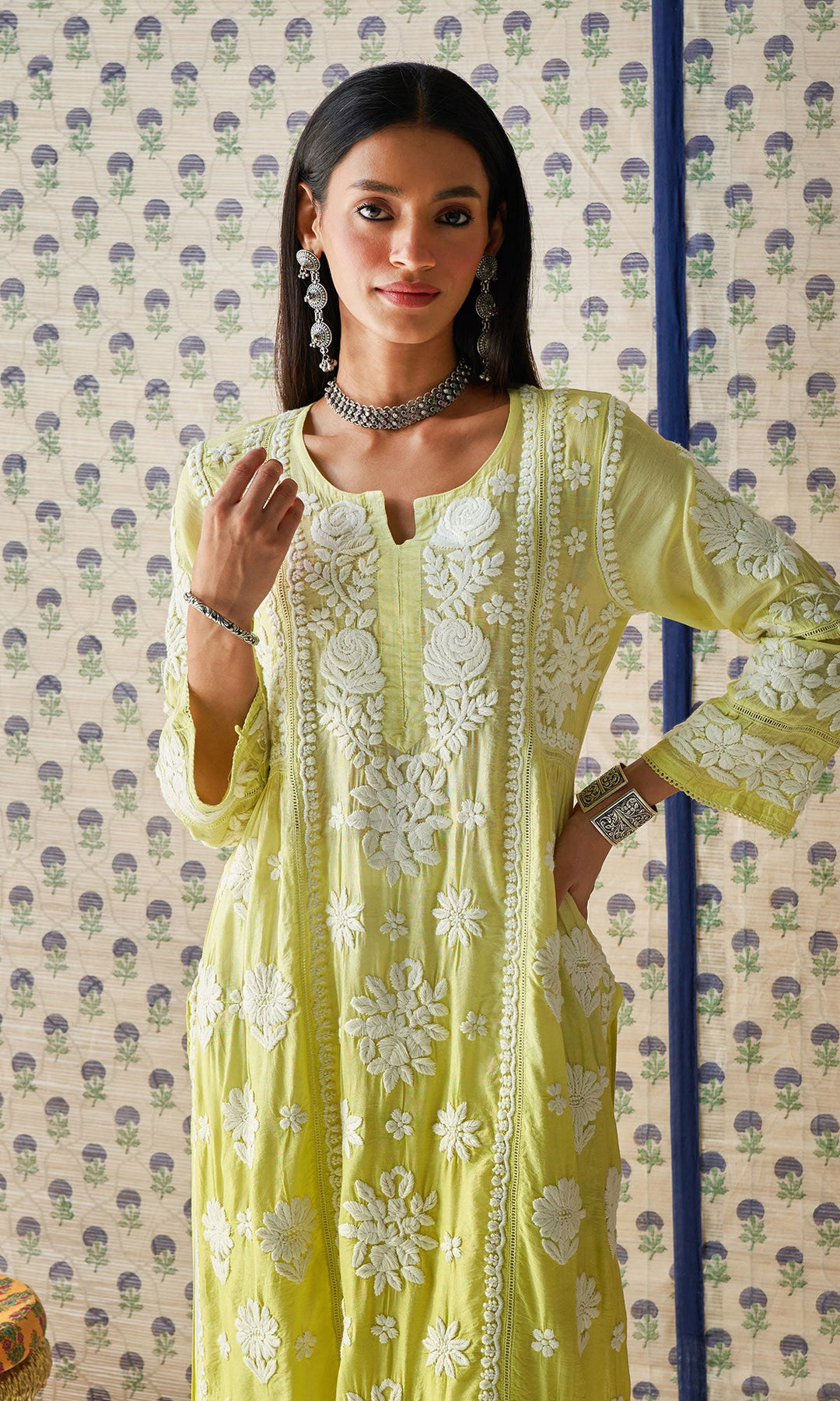 Handcrafted Chikankari Neon Green Ombre Straight Kurta