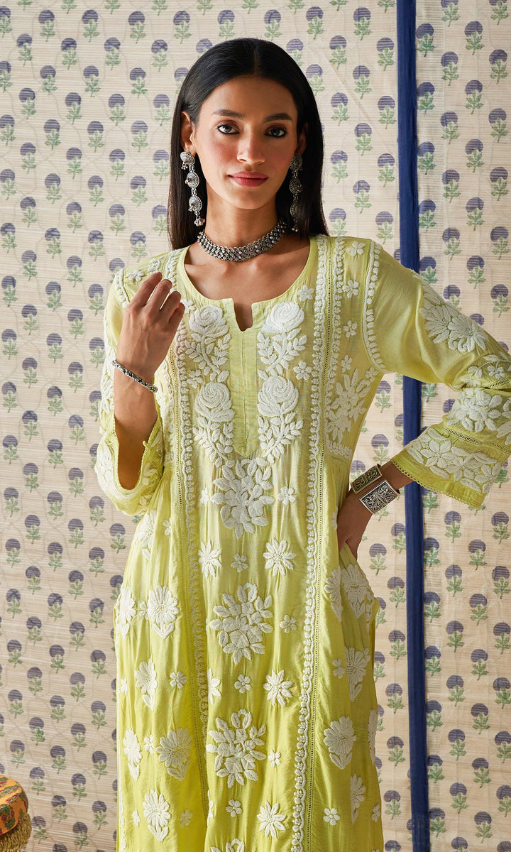 Handcrafted Chikankari Neon Green Ombre Straight Kurta