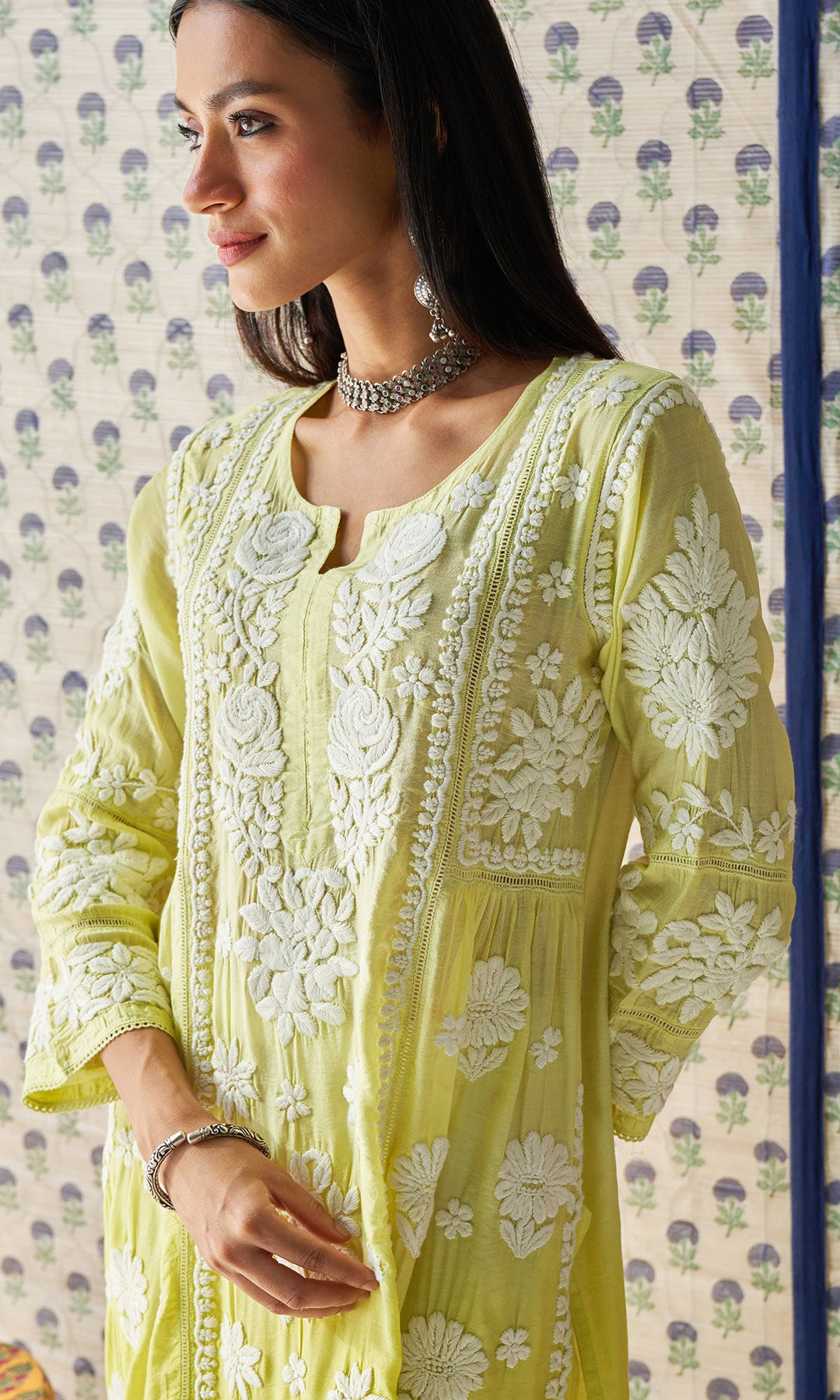 Handcrafted Chikankari Neon Green Ombre Straight Kurta