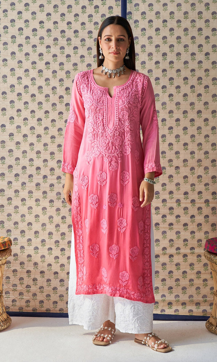 Handcrafted Chikankari Pink Ombre Straight Kurta