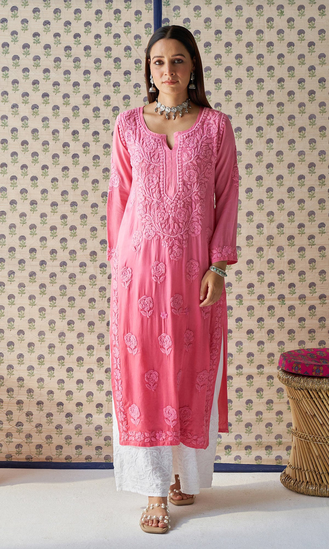 Handcrafted Chikankari Pink Ombre Straight Kurta