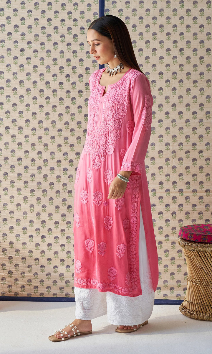Handcrafted Chikankari Pink Ombre Straight Kurta