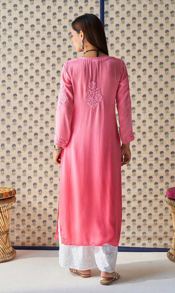 Handcrafted Chikankari Pink Ombre Straight Kurta