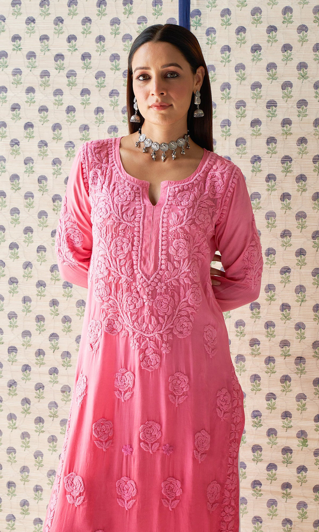 Handcrafted Chikankari Pink Ombre Straight Kurta