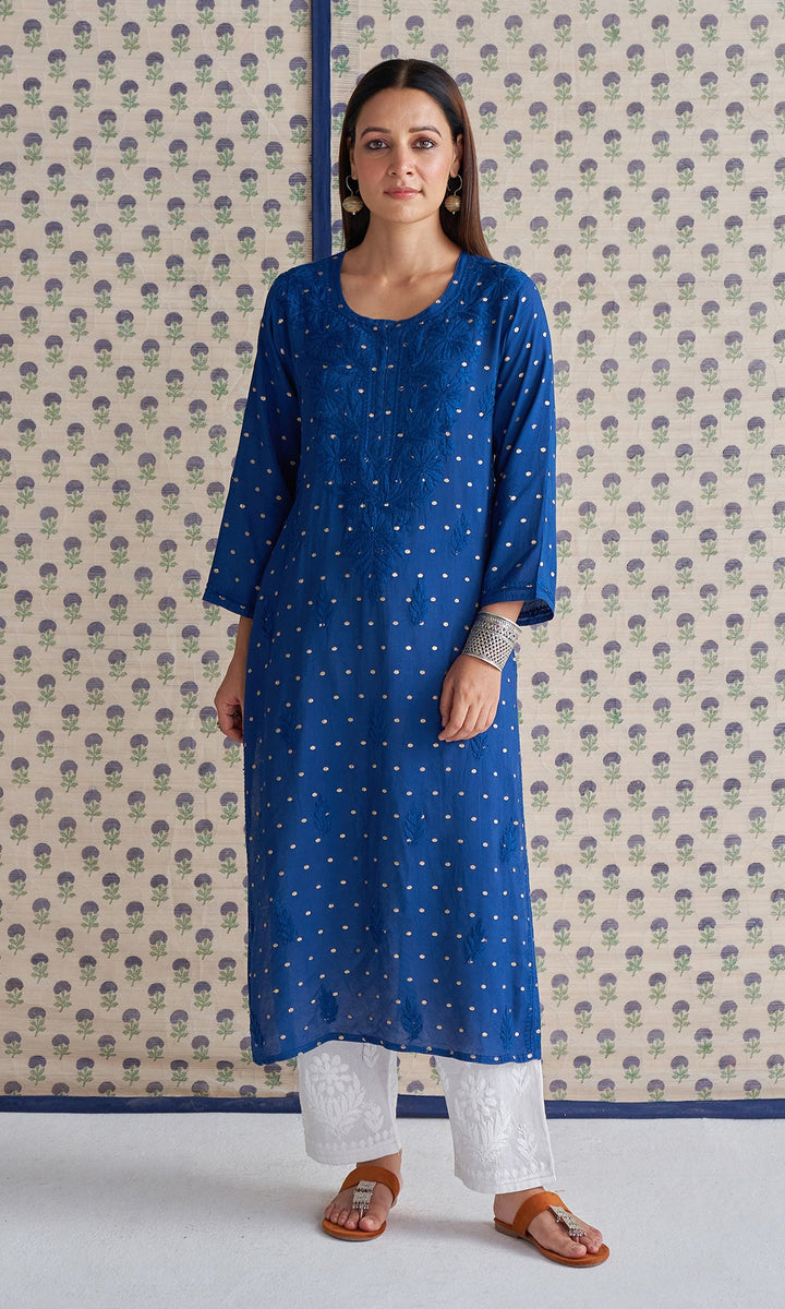 Handcrafted Chikankari Blue Straight Kurta