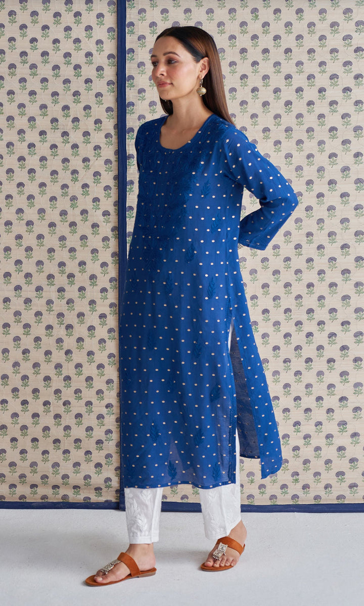 Handcrafted Chikankari Blue Straight Kurta