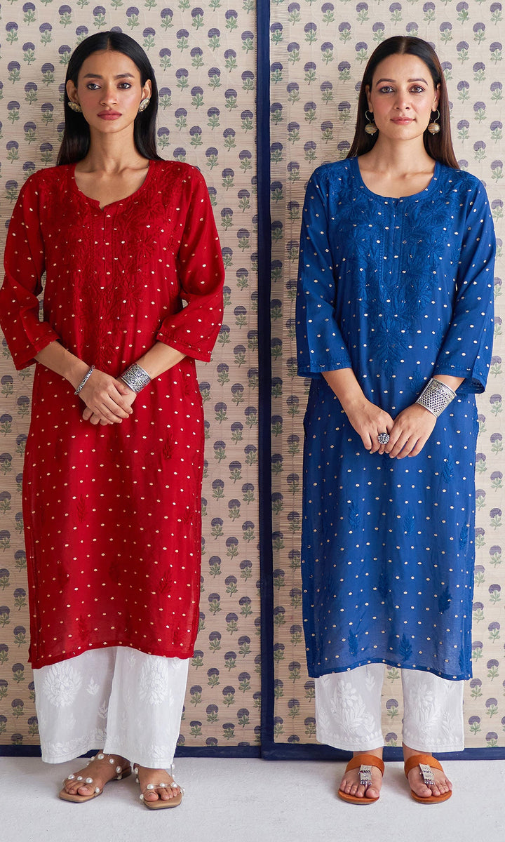 Handcrafted Chikankari Blue Straight Kurta