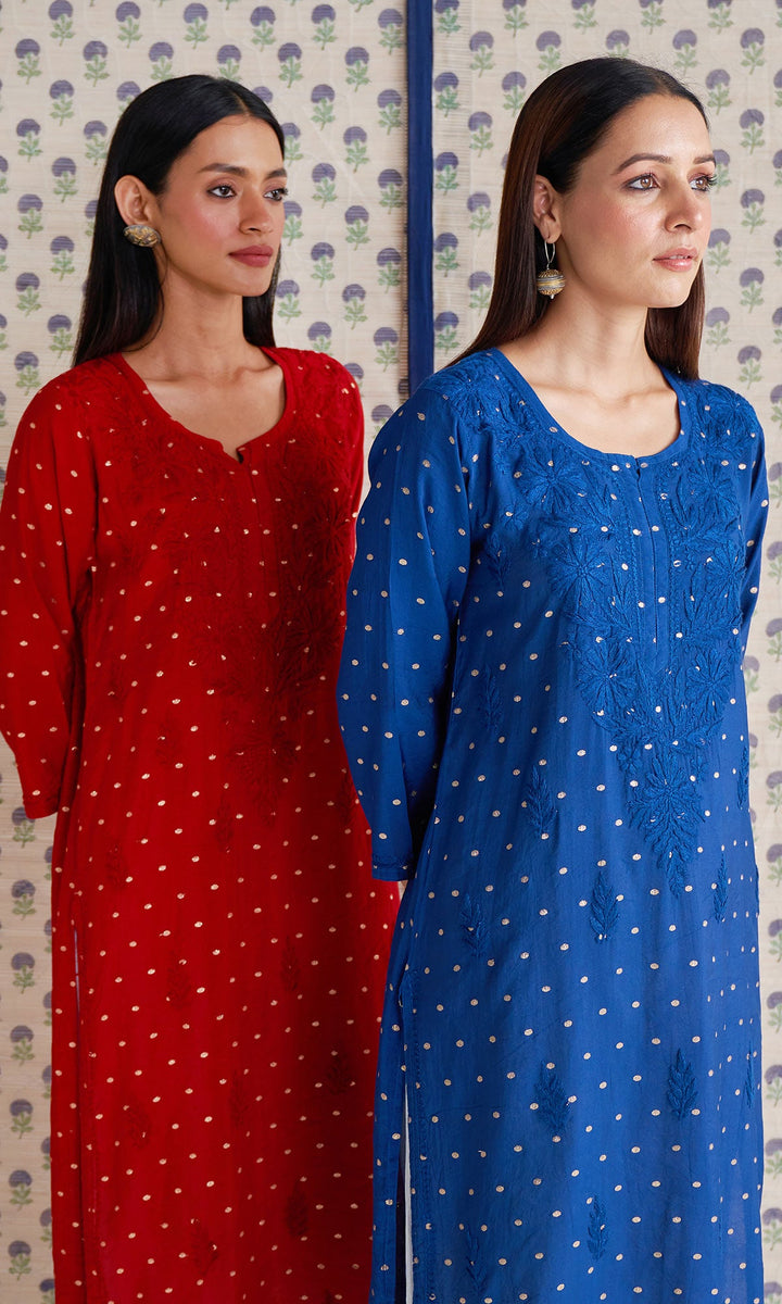 Handcrafted Chikankari Red Straight Kurta