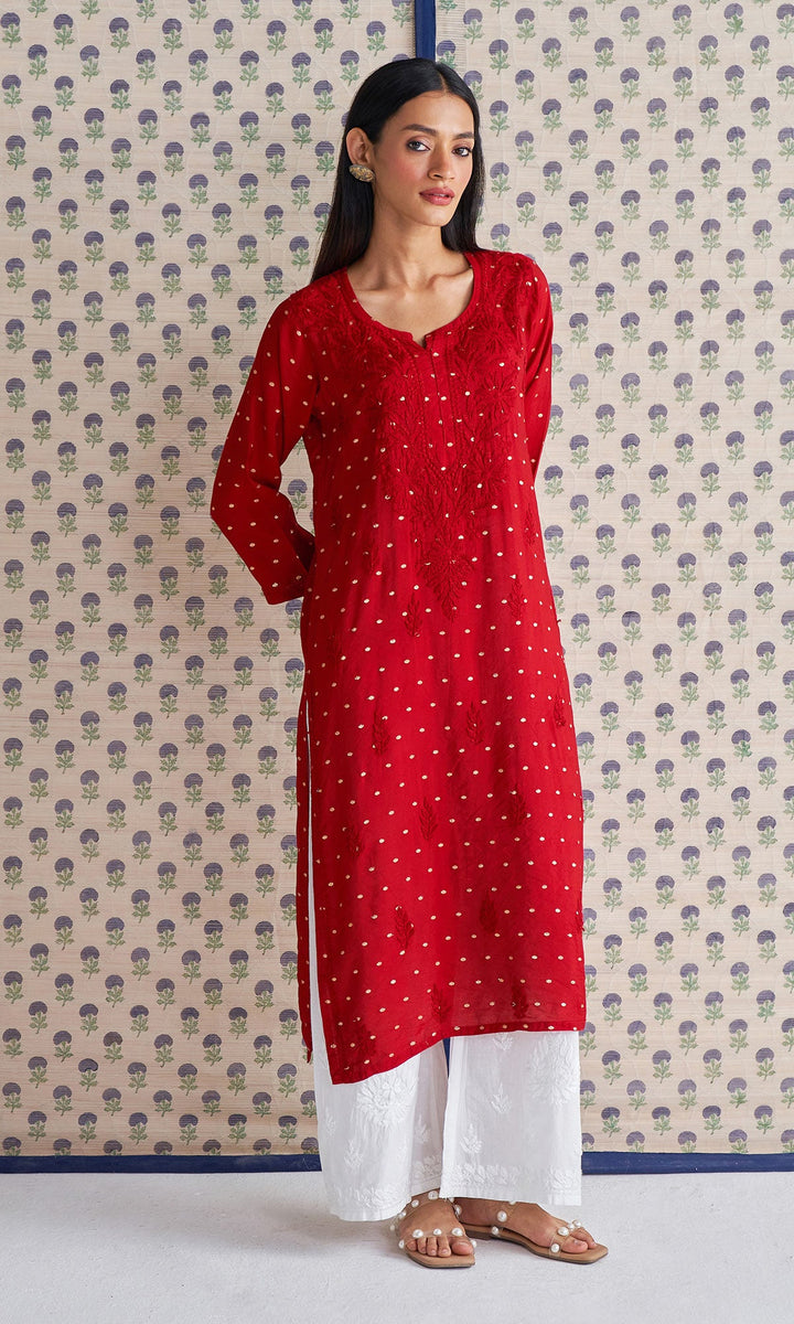 Handcrafted Chikankari Red Straight Kurta
