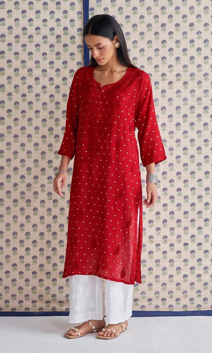Handcrafted Chikankari Red Straight Kurta