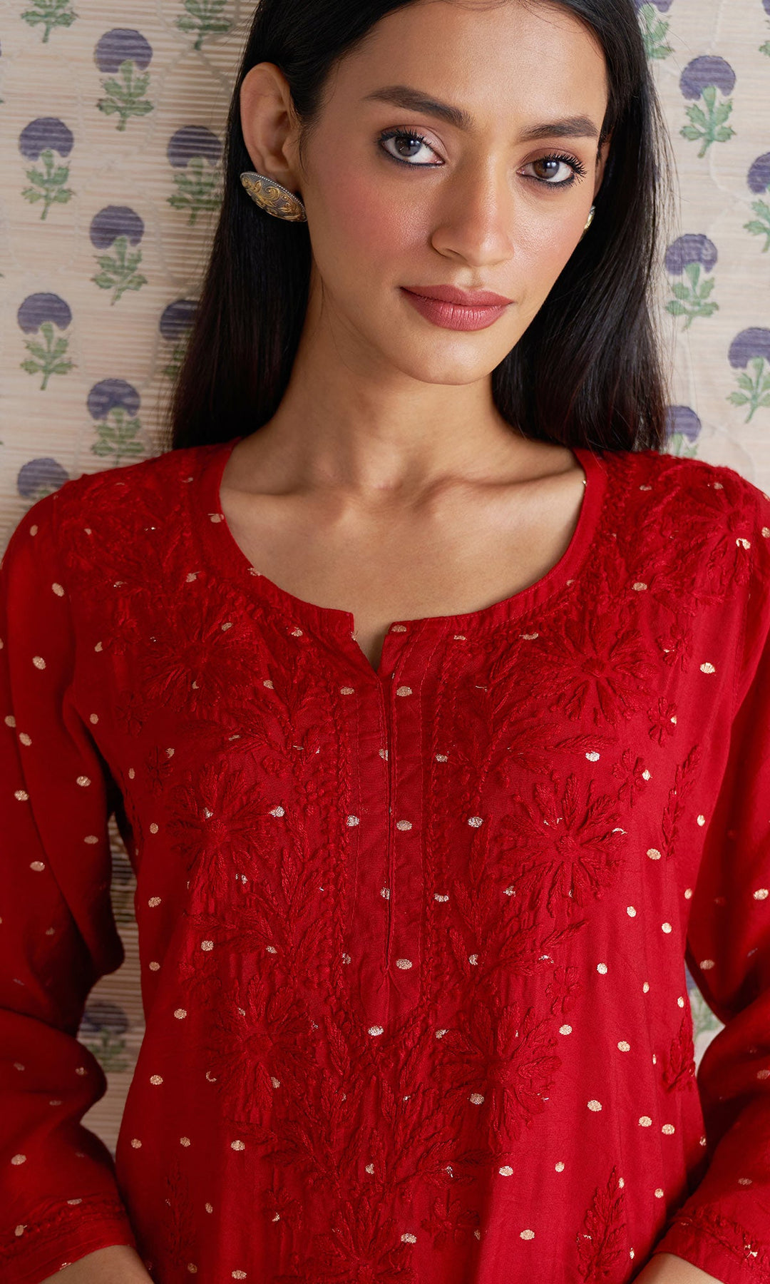Handcrafted Chikankari Red Straight Kurta