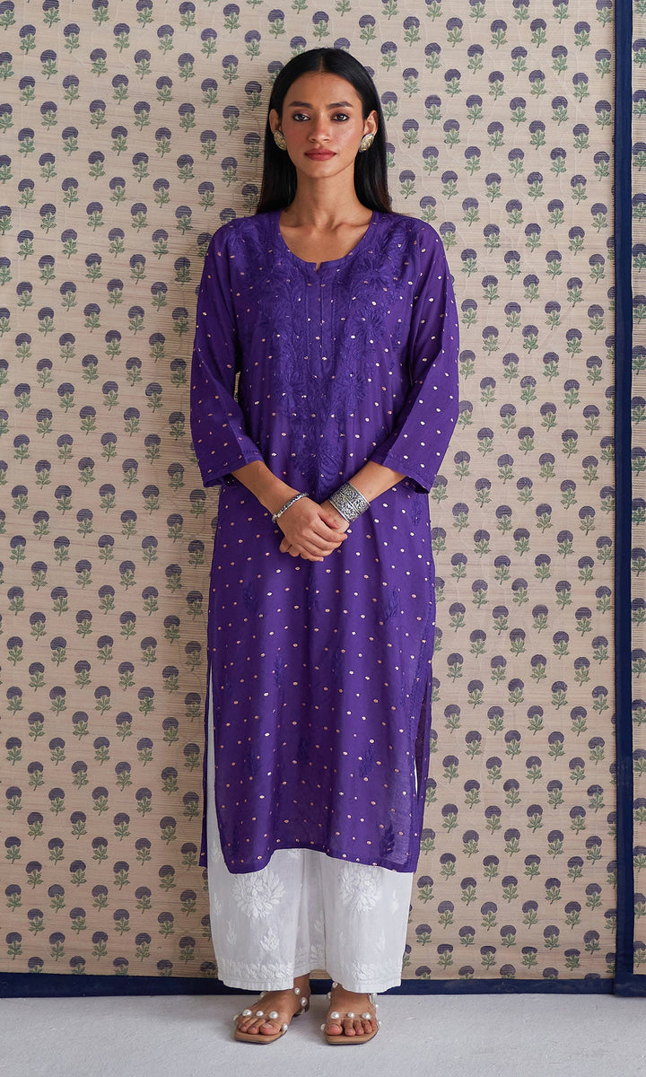 Handcrafted Chikankari Purple Straight Kurta