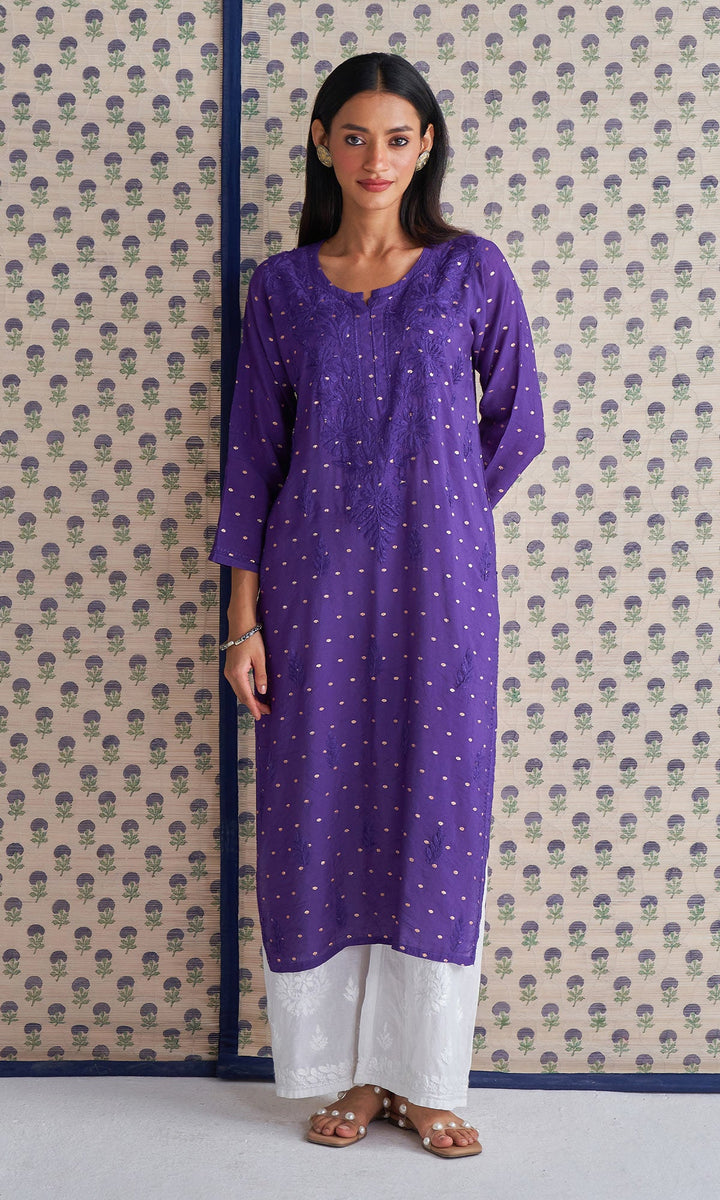 Handcrafted Chikankari Purple Straight Kurta